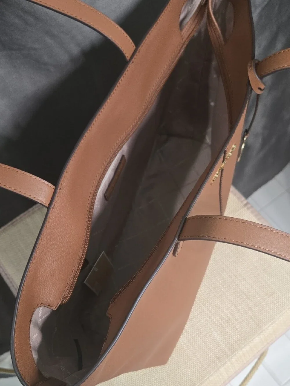 Michael Kors Brown  Leather Medium Zip Top Tote with Gold MK Charm
